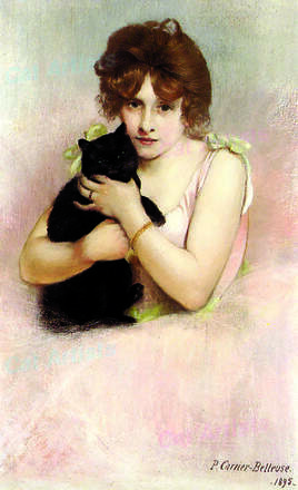 Cat Artists Pierre Carrier Belleuse Young Woman Holding A Black Cat by Cat Artists